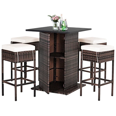 Costway Patio 5PCS Rattan Bar Table Stool Set Hidden Storage Shelf Cushioned 2 Costway Patio 5PCS Rattan Bar Table Stool Set Hidden Storage Shelf Cushioned - Image 2