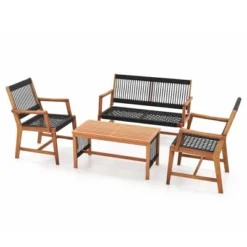Costway Patio 4pcs Acacia Wood Conversation Table & Chair Set Hand-Woven Rope Outdoor -Outdoor Deals Garden Store GUEST e59160df 3a9f 4e3a 92a3 1e8e084255cd