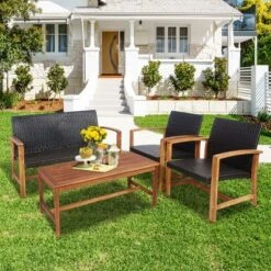 Costway 4PCS Outdoor Patio Rattan Furniture Set Acacia Wood Frame Sofa Loveseat Garden