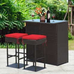 Outdoor Deals Garden Store 10 Costway 3PCS Patio Rattan Wicker Bar Table Stools Dining Set Cushioned Chairs Garden Red
