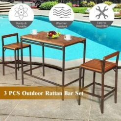 Costway 3 PCS Patio Rattan Wicker Bar Wood Table Chair Outdoor -Outdoor Deals Garden Store GUEST e72484ae 6681 4e3f 8b2f 7ed9cf96f78a