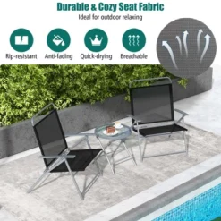 Costway 3pcs Patio Folding Table Chair Set Extra-Large Seat Metal Frame Portable Outdoor