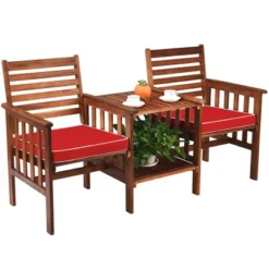 Costway Patio Loveseat Conversation Set Acacia Wood Chair Coffee Table Cushioned White Red -Outdoor Deals Garden Store GUEST e8b249ff 4a6d 41c5 937a cc0e5f7c43ba