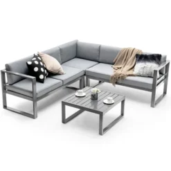 Costway 4PCS Patio Furniture Set Aluminum Frame Loveseat Coffee Table Cushions Deck Grey -Outdoor Deals Garden Store GUEST e9ca0b1c 1eee 4abe 9c76 4a671c9ae27a