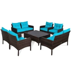 Costway 8PCS Patio Rattan Sectional Furniture Set Loveseat Sofa Coffee Table W/Turquoise Cushion -Outdoor Deals Garden Store GUEST ea43a39f 90c0 417e af8e 746d89b72146