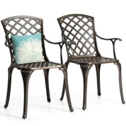 Costway Outdoor Cast Aluminum Arm Dining Chairs Set Of 2 Patio Bistro Chairs, Brown -Outdoor Deals Garden Store GUEST ec8464db 2d2a 4503 adce 55d172205983