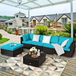Costway 6PCS Outdoor Patio Rattan Furniture Set Cushioned Sectional Sofa NavyBlackTurquoise -Outdoor Deals Garden Store GUEST ec986852 7070 4d86 be70 354f56330b1c