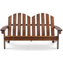 Costway 2 Person Adirondack Chair Kid Solid Wood Loveseat Backrest Arm Rest Patio Coffee/White -Outdoor Deals Garden Store GUEST ed343481 83ca 42c2 a2f5 e6f2f417d22a