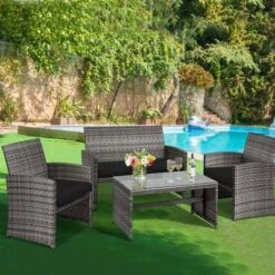 Costway 4PCS Patio Rattan Furniture Set Conversation Glass Table Top Cushioned TurquoiseRed -Outdoor Deals Garden Store GUEST edd15866 dcb5 4846 bb8f 8174a5e639eb