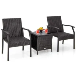 Costway 3 PCS Patio Conversation Set Wicker Chair Tempered Glass Table Cushioned Seat -Outdoor Deals Garden Store GUEST ef28e7bd f254 491b 93ee 5d79e38a38e9