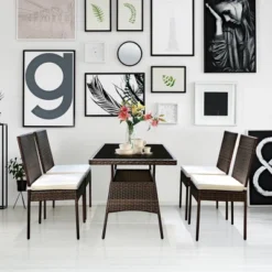 Costway 5 PCS Patio Rattan Dining Set Glass Table High Back Chair Garden Deck Mix Brown -Outdoor Deals Garden Store GUEST f03b22e7 4a0a 4a68 9e93 87d838287574