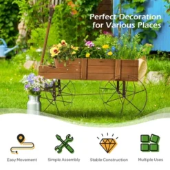 Costway Garden Plant Planter Wooden Wagon Planter W/ Wheel Garden Yard -Outdoor Deals Garden Store GUEST f252031c f50f 484b 9240 52efc8f951cd