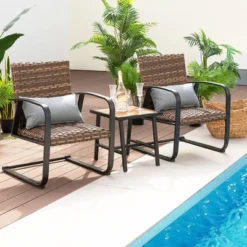 Costway 3 PCS Patio Rattan Furniture Bistro Set C-Spring Chair Padded Seat & Back Pillow -Outdoor Deals Garden Store GUEST f5bc279c 1d0f 4fe3 bde3 357a1629f774