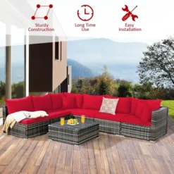 Costway 7PCS Patio Rattan Furniture Set Sectional Sofa Garden Red Cushion -Outdoor Deals Garden Store GUEST f62ccc52 8287 41ed 91fa 1ff0ce6b0a71