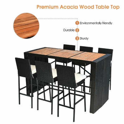 COSTWAY 7 PCS Patio Rattan Wicker Bar Dining Furniture Set Wood Table Top 6 Stools 8 COSTWAY 7 PCS Patio Rattan Wicker Bar Dining Furniture Set Wood Table Top 6 Stools - Image 8