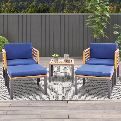 Costway 5pcs Patio Acacia Wood Cushioned Chair Ottoman Table Furniture Set Outdoor Navy 3 Costway 5pcs Patio Acacia Wood Cushioned Chair Ottoman Table Furniture Set Outdoor Navy - Image 3