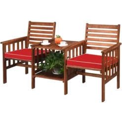 Costway Patio Loveseat Conversation Set Acacia Wood Chair Coffee Table Cushioned White Red -Outdoor Deals Garden Store GUEST f7fc1fae c102 449b a2d2 a97224e2fbf2