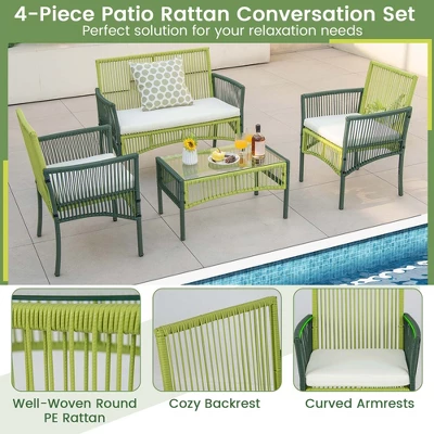 Costway 4PCS/8PCS Patio Round Wicker Conversation Set With Cushions Tempered Glass Side Table 8 Costway 4PCS/8PCS Patio Round Wicker Conversation Set With Cushions Tempered Glass Side Table - Image 8