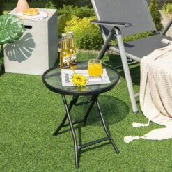 Costway Patio Folding Round Glass Side Table Bistro Coffee Table Plant Stand -Outdoor Deals Garden Store GUEST fa16a356 9dca 404d a1a7 c3573fdbbd9e