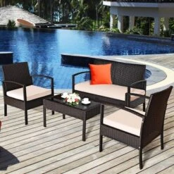 Costway 4PCS Patio Rattan Conversation Furniture Set Cushioned Seat Glass Table