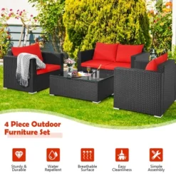 Costway 4PCS Patio Rattan Furniture Set Cushioned Sofa Chair Coffee Table Garden Red -Outdoor Deals Garden Store GUEST facc44ea e377 408a b3d3 c6b18bf32e31