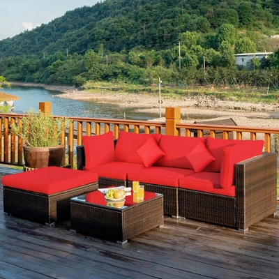 Costway 5PCS Outdoor Patio Rattan Furniture Set Sectional Conversation W/Red Cushions 2 Costway 5PCS Outdoor Patio Rattan Furniture Set Sectional Conversation W/Red Cushions - Image 2