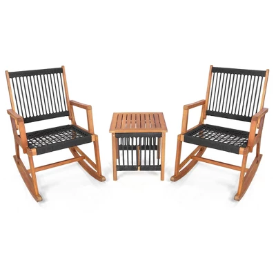 Costway 3pcs Patio Acacia Wood Bistro Table Rocking Chair Set All-Weather Rope Outdoor 9 Costway 3pcs Patio Acacia Wood Bistro Table Rocking Chair Set All-Weather Rope Outdoor - Image 9
