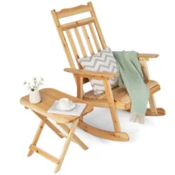 Costway 2PCS Patio Wooden Rocking Chair Bistro Set High Backrest W/Folding Side Table -Outdoor Deals Garden Store GUEST fc94157d 7009 4f21 80fd 7c85f839830f