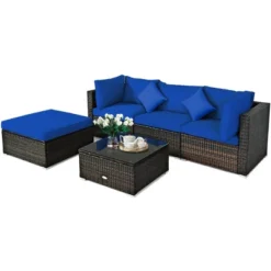 Costway 5PCS Outdoor Patio Rattan Furniture Set Sectional Conversation TurquoiseNavyBlack Cushion
