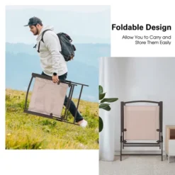 Costway 4 Pcs Patio Folding Sling Dining Chairs Armrests Steel Frame Outdoor Beige/Grey -Outdoor Deals Garden Store GUEST fdf9d0f9 7f24 49e4 ab65 726526c1e484