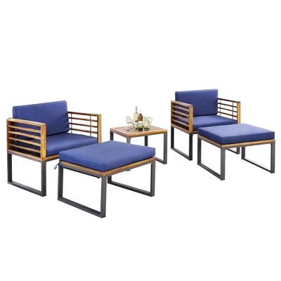 Costway 5pcs Patio Acacia Wood Cushioned Chair Ottoman Table Furniture Set Outdoor Navy 8 Costway 5pcs Patio Acacia Wood Cushioned Chair Ottoman Table Furniture Set Outdoor Navy - Image 8